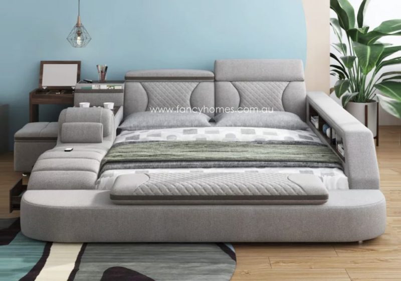 Fancy Homes Lucia Multi-functional Fabric Bed Frame with In-built Dresser and Mirror