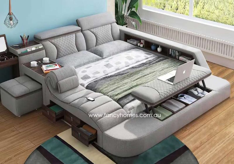 Fancy Homes Lucia Multi-functional Fabric Bed Frame with In-built Dresser and Mirror Lift-up Bed-end Ottoman