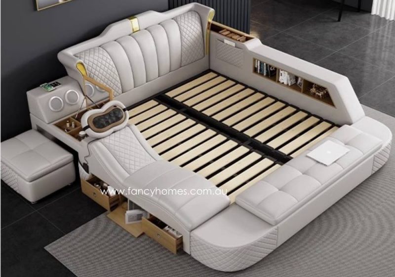 Fancy Homes Jacinda Multifunctional Leather Bed Frame Leather Beds Online with Massage Chaise and Dressing Table and Bluetooth Speaker and USB Charging Ports and USB Light in White Leather Colour Top Inside Structure