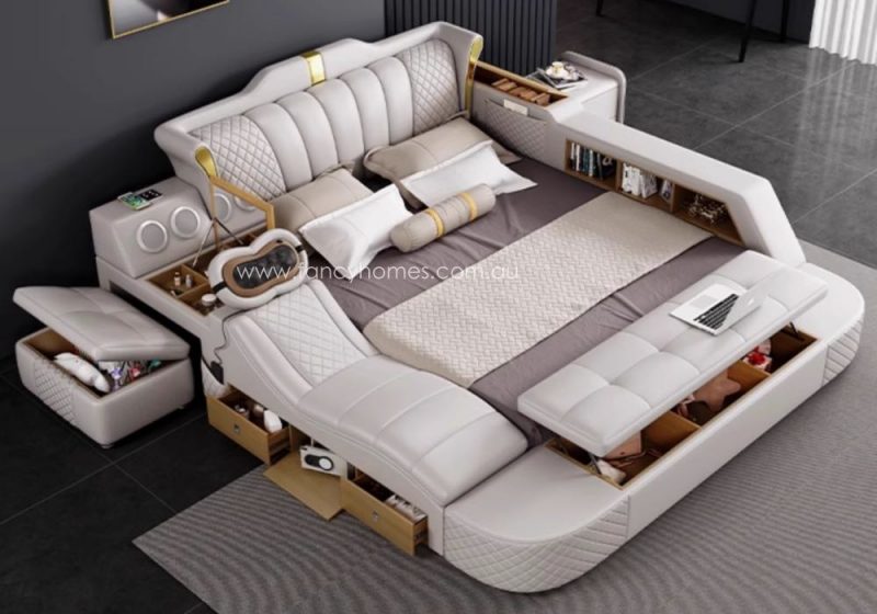 Fancy Homes Jacinda Multifunctional Leather Bed Frame Leather Beds Online with Massage Chaise and Dressing Table and Bluetooth Speaker and USB Charging Ports and USB Light in Blue Leather Colour Top