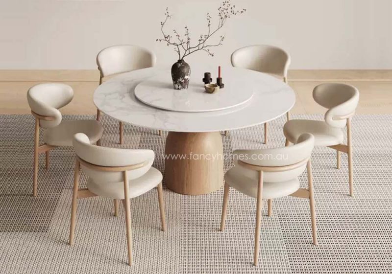 Fancy Homes Noelle Round Sintered Stone Dining Table with Lazy Susan with Wood Base in Natural Finish with Six Matching Design Luna Wood Dining Chairs. Customisable in Sizes and Colours
