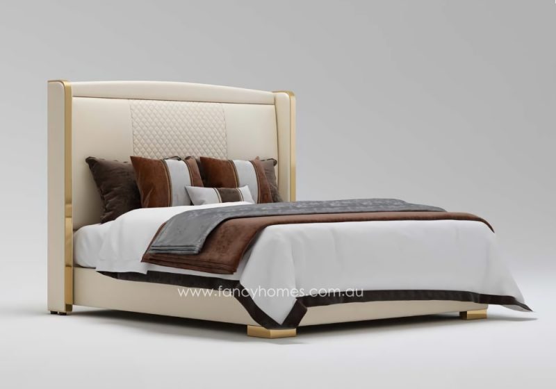 Fancy Homes Caspian Contemporary Leather Bed Frame Leather Beds Online. Ivory Colour Leather Beds with Gold Trim on Bed Head. Ivory and Gold Bed. In Queen and King Size