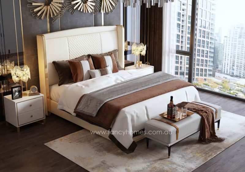Fancy Homes Caspian Contemporary Leather Bed Frame Leather Beds Online. Ivory Colour Leather Beds with Gold Trim on Bed Head. Ivory and Gold Bed. Available In Queen Size and King Size