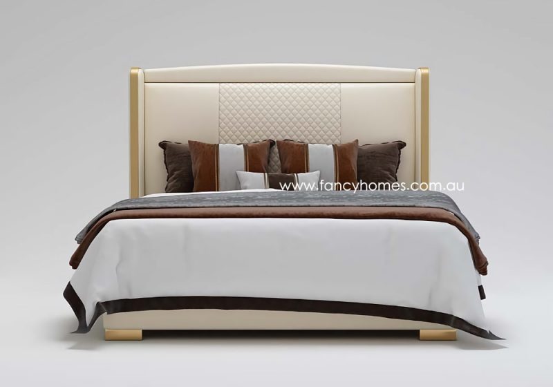 Fancy Homes Caspian Contemporary Leather Bed Frame Leather Beds Online. Ivory Colour Leather Beds with Gold Trim on Bed Head. Ivory and Gold Bed. In Queen Size and King Size