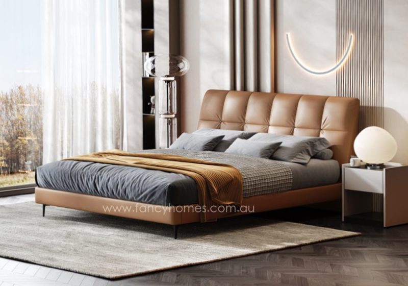 Fancy Homes Coco Contemporary Leather Bed Frame Leather Beds Online with High Metal Legs in Tan Colour Side