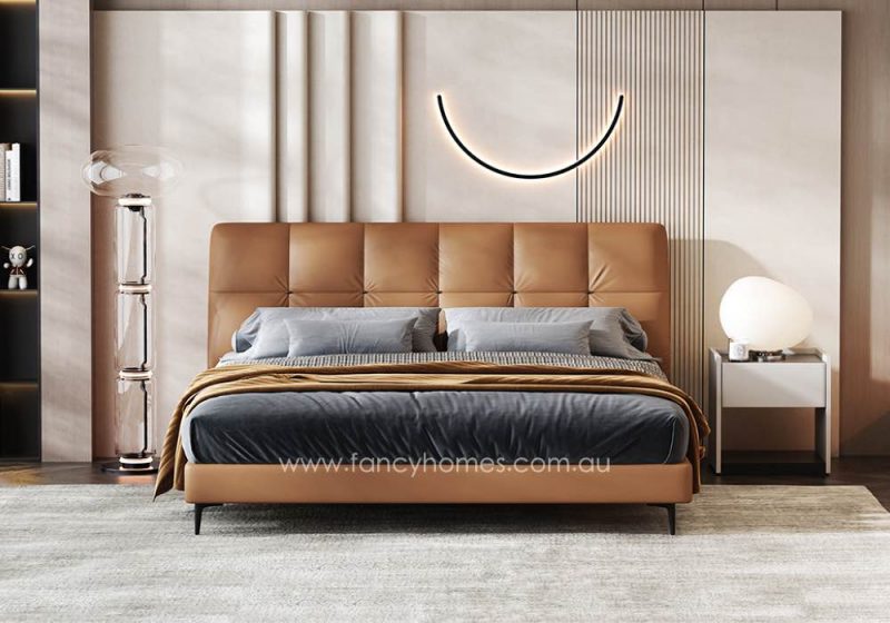 Fancy Homes Coco Contemporary Leather Bed Frame Leather Beds Online with High Metal Legs in Tan Colour Front View