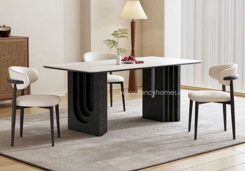 Fancy Homes Acardia White Sintered Stone Matte Finish Top Dining Table with Wood Black Legs