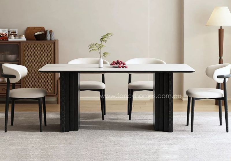 Fancy Homes Acardia White Sintered Stone Matte Finish Top Dining Table with Wood Black Legs Front