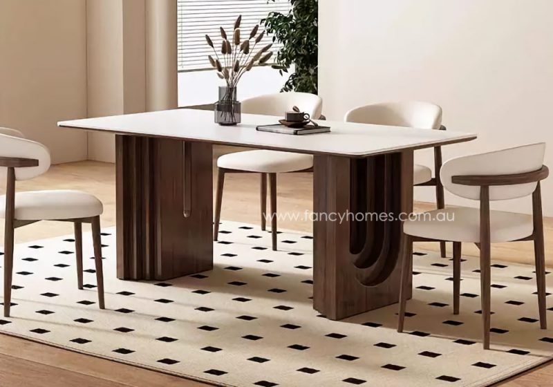 Fancy Homes Acardia White Sintered Stone Matte Finish Top Dining Table with Wood Brown Walnut Legs