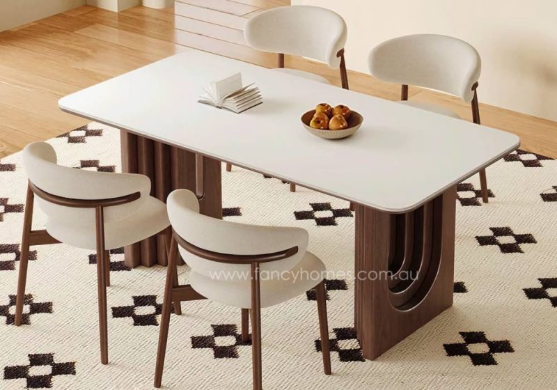 Fancy Homes Acardia White Sintered Stone Matte Finish Top Dining Table with Wood Brown Walnut Legs Top