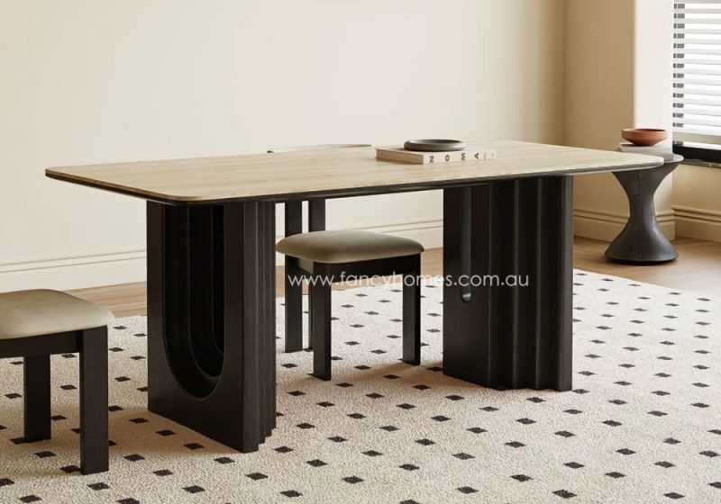Fancy Homes Arcadia Yellow Colour Travertine Matte Finish Sintered Stone Dining Table with Black Colour Wood Leg