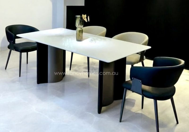 Fancy Homes Bianca Sintered Stone or Marble Top Dining Table Black Wood and Grey Stainless Steel Base with White Top