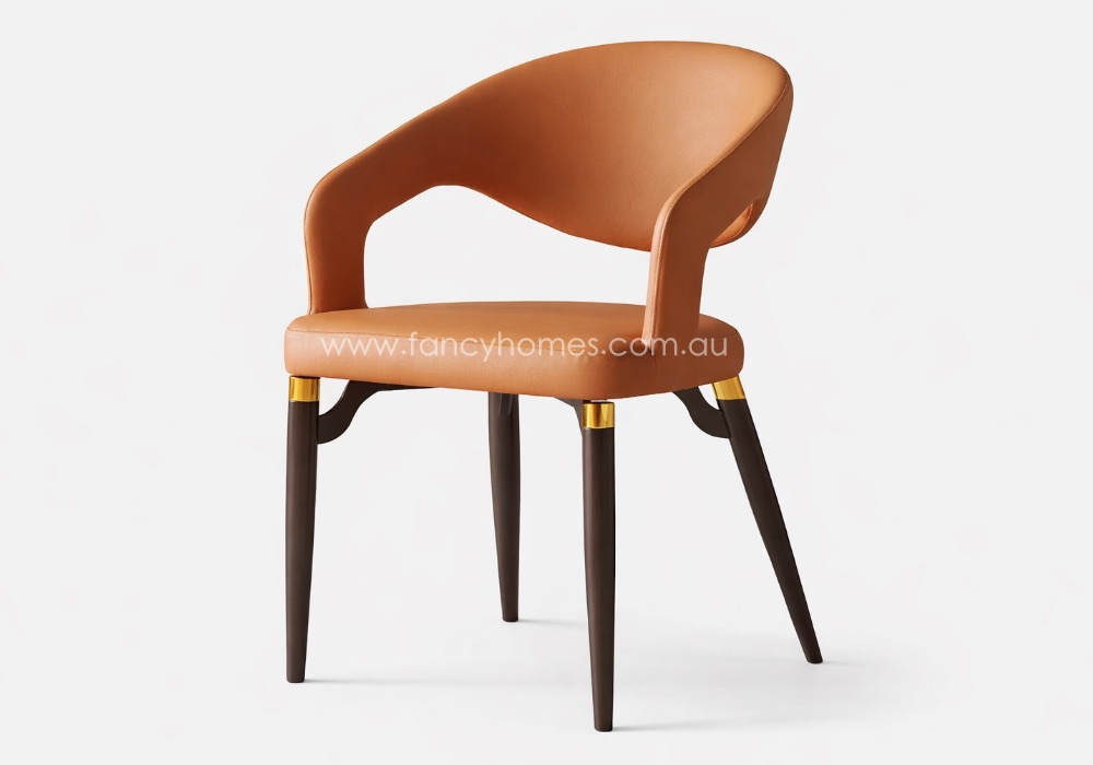 Dahlia Customisable Dining Chair Orange Fancy Homes Dahlia Customisable Dining Chair in Orange Colour. The Dahlia Dining Chair is Customisable in Material and Colour. The Dining Chair Leg Has Gold Accent