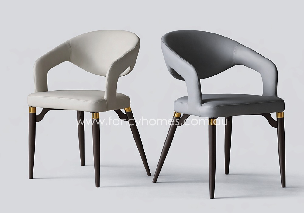 Dahlia Customisable Dining Chair White and Grey Fancy Homes Dahlia Customisable Dining Chair in Off White and Grey Colour. The Dahlia Dining Chair is Customisable in Material and Colour. The Dining Chair Leg Has Gold Accent