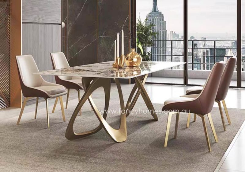 Fancy Homes Elysia Marble Sintered Stone Dining Table Gold Base
