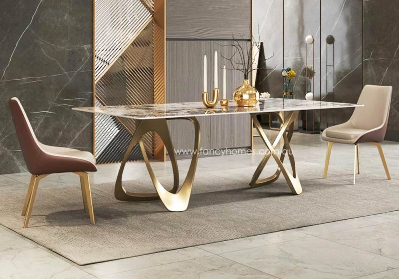 Fancy Homes Elysia Marble Sintered Stone Dining Table Gold Base