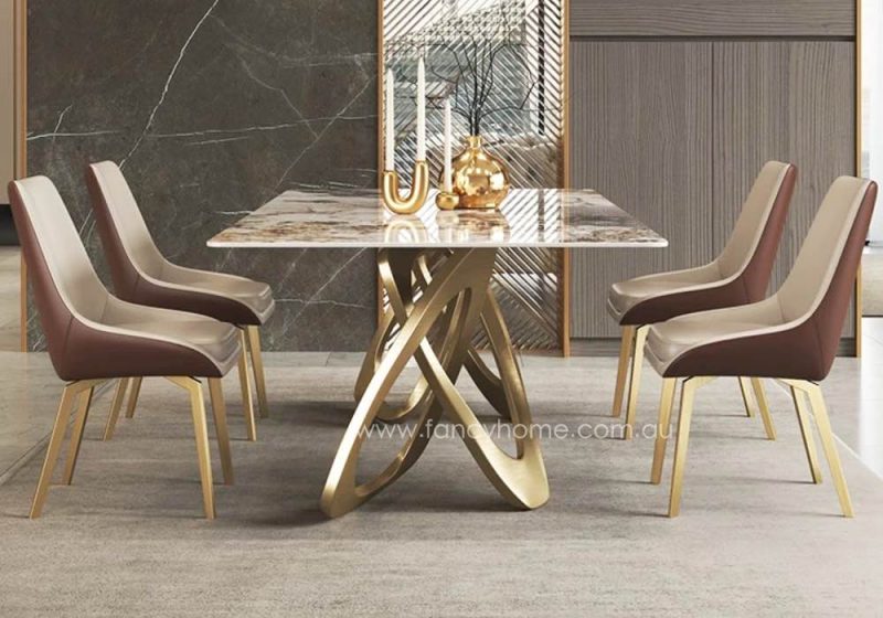 Fancy Homes Elysia Marble Sintered Stone Dining Table Gold Base Side