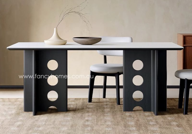 Fancy Homes Estelle Pure White Matte Finish Sintered Stone Top Dining Table with Black Colour Wood Base