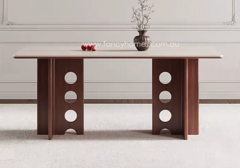 Fancy Homes Estelle Matte Yellow Travertine Finish Sintered Stone Top Dining Table with Brown Walnut Wood Base Front