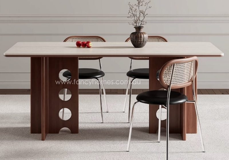 Fancy Homes Estelle Matte Yellow Travertine Finish Sintered Stone Top Dining Table with Brown Walnut Wood Base