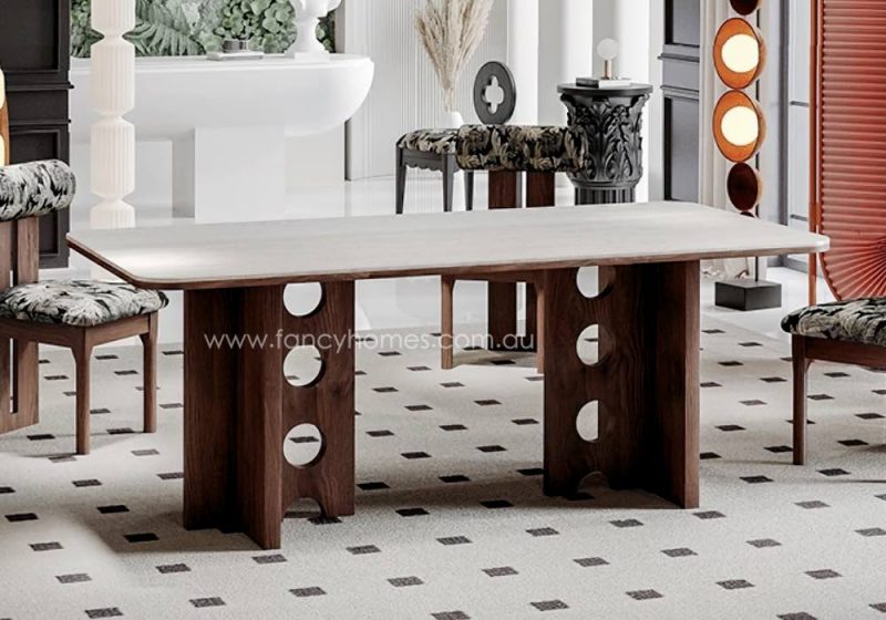 Fancy Homes Estelle Matte Yellow Travertine Finish Sintered Stone Top Dining Table with Brown Walnut Wood Base Side