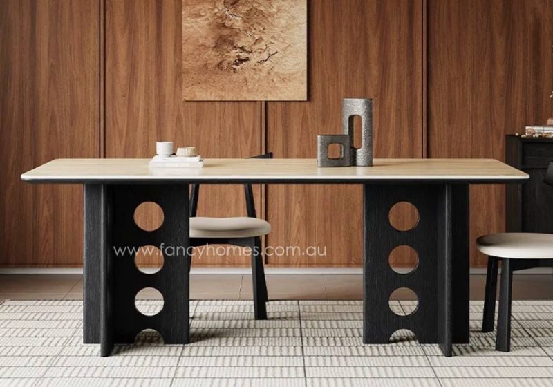 Fancy Homes Estelle Beige Colour Matte Travertine Finish Sintered Stone Top Dining Table with Black Colour Wood Base Front View