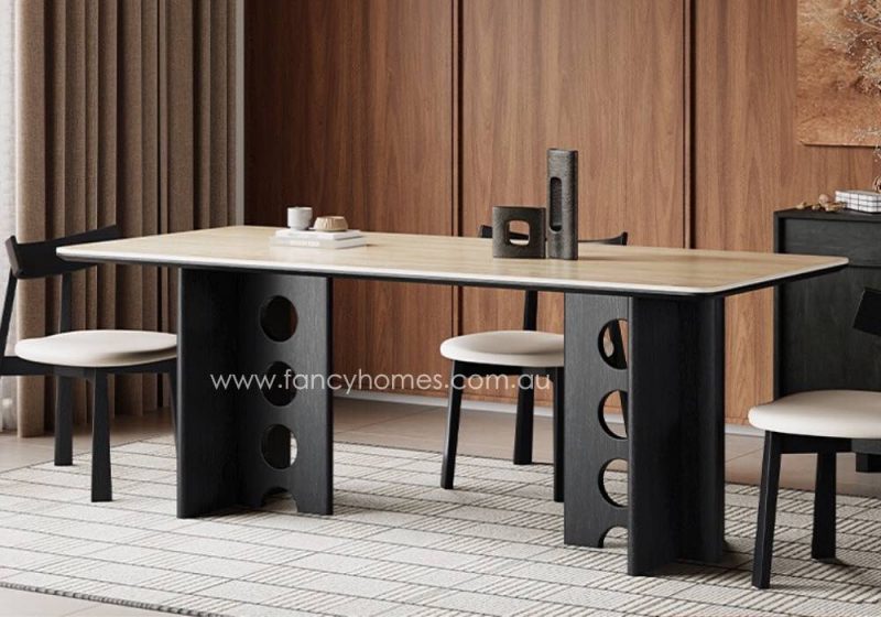Fancy Homes Estelle Beige Colour Matte Travertine Finish Sintered Stone Top Dining Table with Black Colour Wood Base