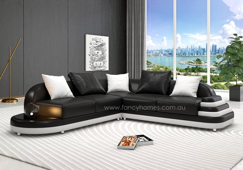 Fancy Homes Corvanna-B Corner Leather Sofa with In-built Side Table, Tiered Armrest and Curved Design Black and White