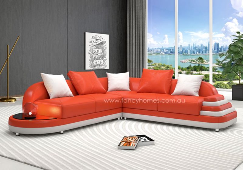 Fancy Homes Corvanna-B Corner Leather Sofa with In-built Side Table, Tiered Armrest and Curved Design Orange and White