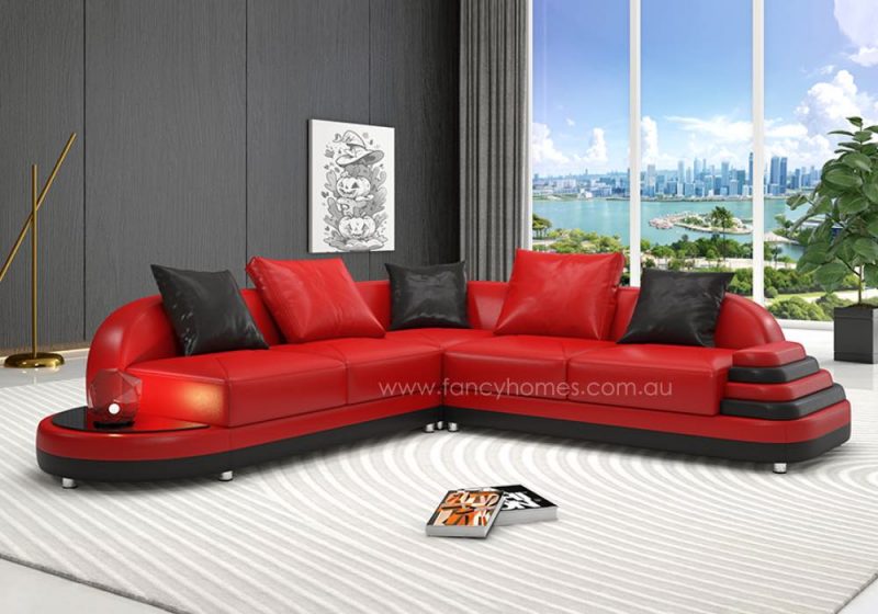 Fancy Homes Corvanna-B Corner Leather Sofa with In-built Side Table, Tiered Armrest and Curved Design Red and Black
