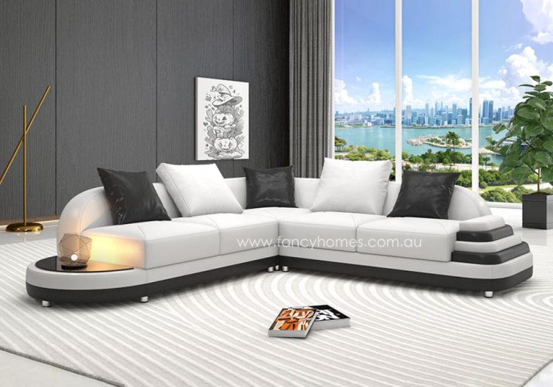 Fancy Homes Corvanna-B Corner Leather Sofa with In-built Side Table, Tiered Armrest and Curved Design White and Black