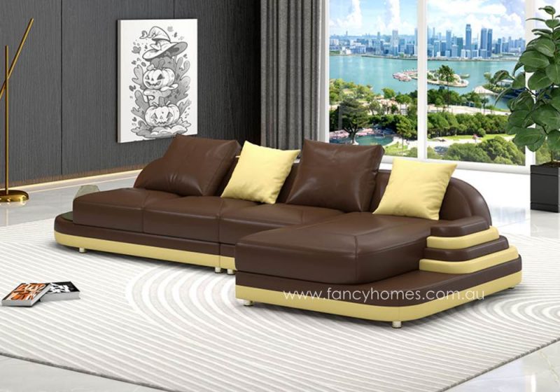 Fancy Homes Corvanna-C Chaise Leather Sofa Brown and Cream Curved Design