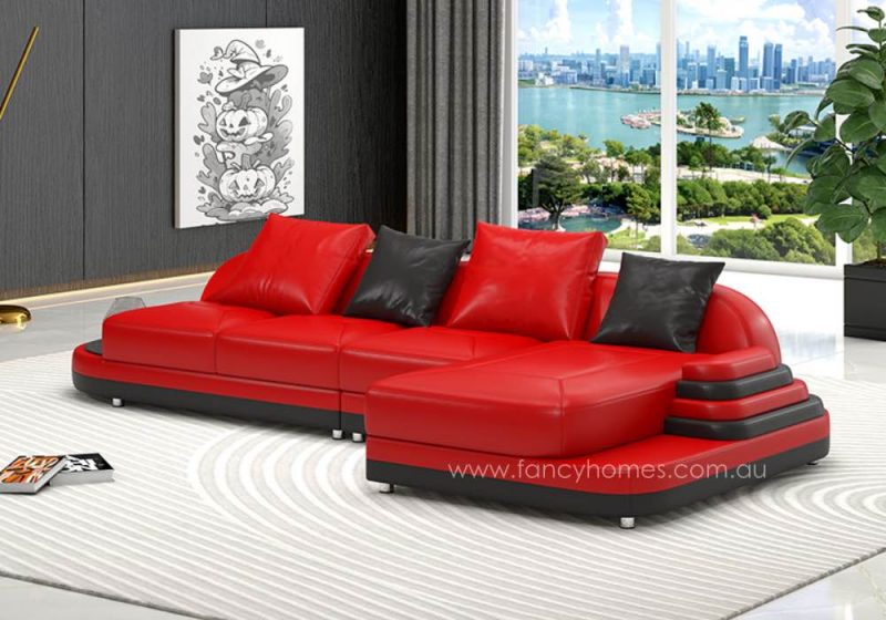 Fancy Homes Corvanna-C Chaise Leather Sofa Red and Black Curved Design