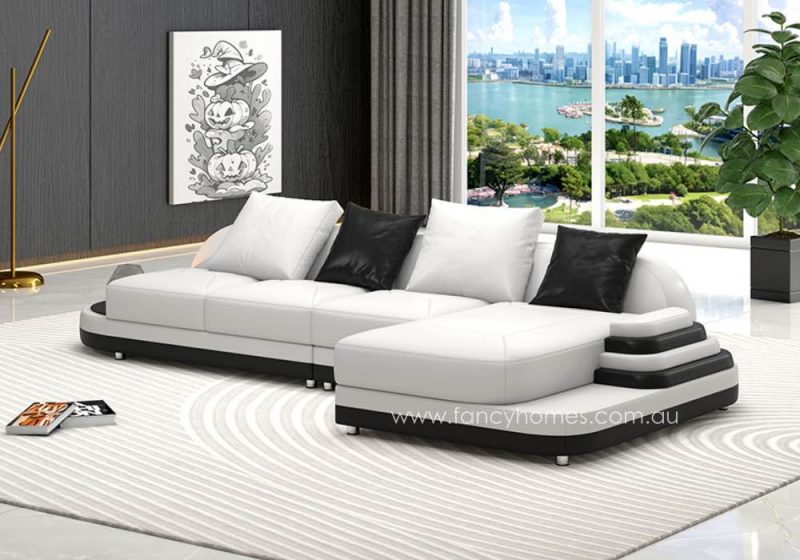 Fancy Homes Corvanna-C Chaise Leather Sofa White and Black Curved Design