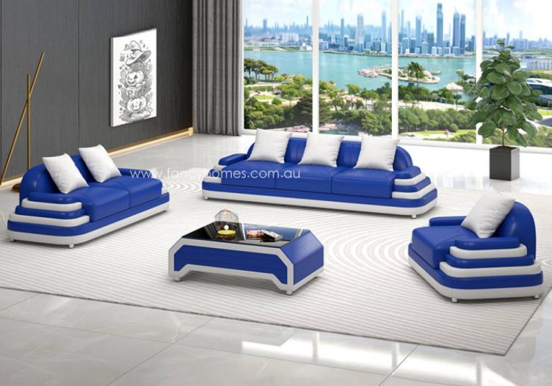 Fancy Homes Corvanna-D Lounges Suites Leather Sofa Blue and White