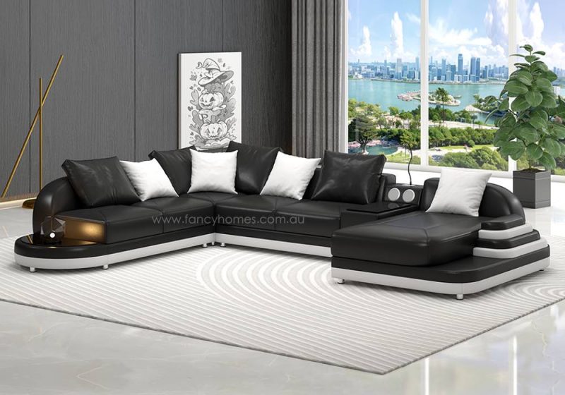 Fancy Homes Corvanna Modular Leather Sofa Black and White with Curved Design, Bluetooth Speaker and Chaise