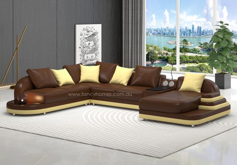 Fancy Homes Corvanna Modular Leather Sofa Brown and Cream with Curved Design, Bluetooth Speaker and Chaise