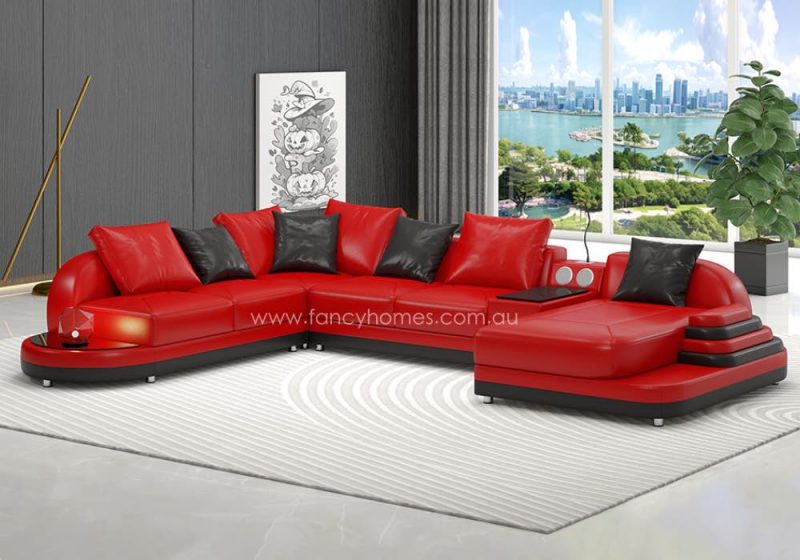 Fancy Homes Corvanna Modular Leather Sofa Red and Black with Curved Design, Bluetooth Speaker and Chaise