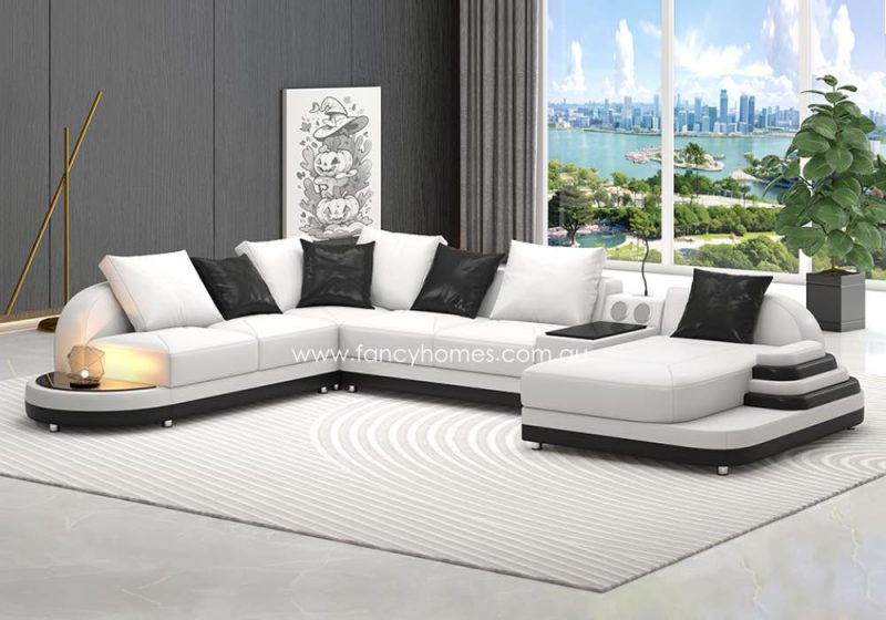 Fancy Homes Corvanna Modular Leather Sofa White and Black with Curved Design, Bluetooth Speaker and Chaise
