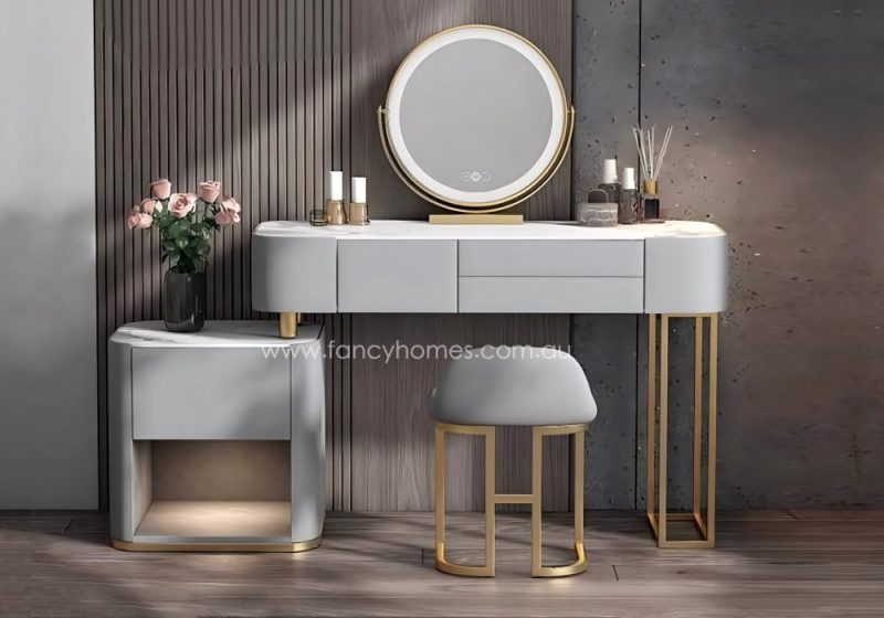 Fancy Homes DRT-8004 Dressing Table Set with Mirror, Stool and Stone Tops Front