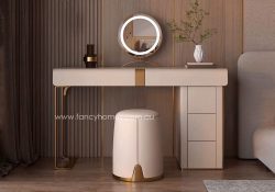 Fancy Homes DRT-8006 Dressing Table Set with Stool and Mirror Stone Top Gold and Beige Front. Dressing Table Set is Customisable with Colour Options to Match Your Beds.