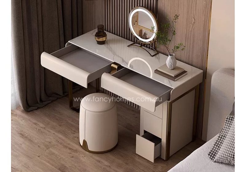 Fancy Homes DRT-8006 Dressing Table Set with Stool and Mirror Stone Top and Storage Drawers. Gold and Beige. Dressing Table Set is Customisable with Colour Options to Match Your Beds.