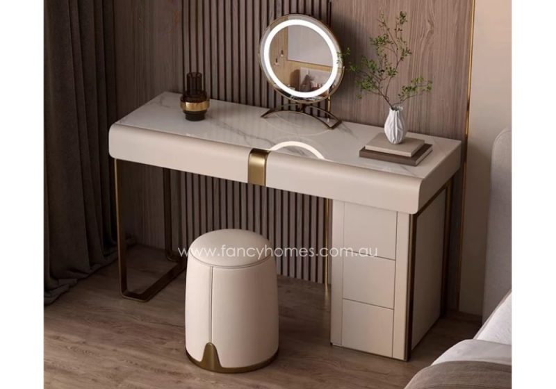 Fancy Homes DRT-8006 Dressing Table Set with Stool and Mirror Stone Top and Storage Drawers. Gold and Beige. DRT-8006 Dressing Table Set is Customisable with Colour Options to Match Your Beds.