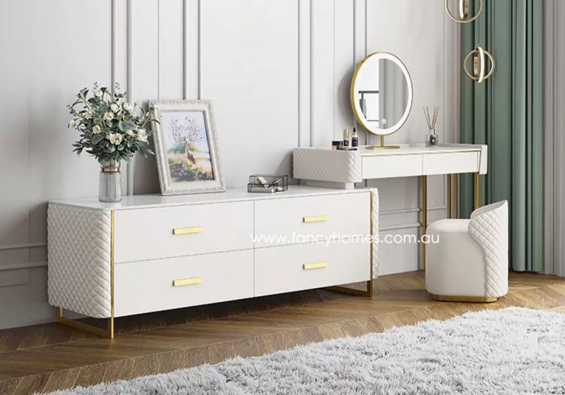 Fancy Homes DRT-8012 Dressing Table with Side Cabinet, Mirror, Stone Top and Stool Side. Customisable in Colour and Size.