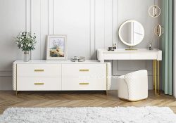 Fancy Homes DRT-8012 Dressing Table with Side Cabinet, Mirror, Stone Top and Stool Front. Customisable in Colour and Size.