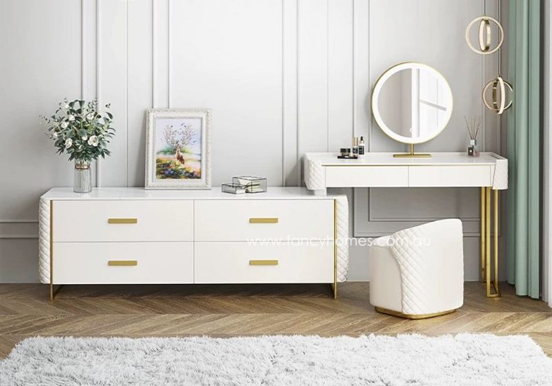 Fancy Homes DRT-8012 Dressing Table with Side Cabinet, Mirror, Stone Top and Stool Front. Customisable in Colour and Size.