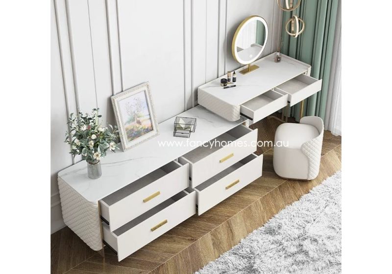 Fancy Homes DRT-8012 Dressing Table with Side Cabinet, Mirror, Stone Top and Stool Top. Customisable in Colour and Size.