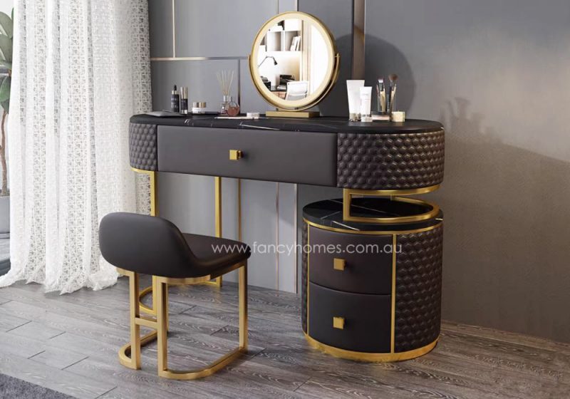 Fancy Homes DRT-8017 Dressing Table Set with Mirror, Stone and Black Stone Top. Customisable in Size and Colour