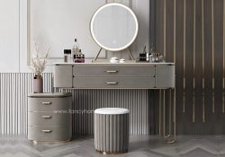 Fancy Homes DRT-8032 Dressing Table Set with Stool Mirror and Stone Tops. Customisable in Sizes and Colours. Taupe and Gold.