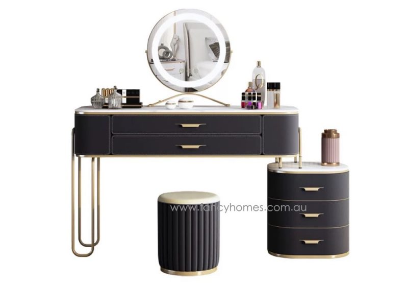 Fancy Homes DRT-8032 Dressing Table Set with Stool Mirror and Stone Tops. Customisable in Sizes and Colours. Black and Gold
